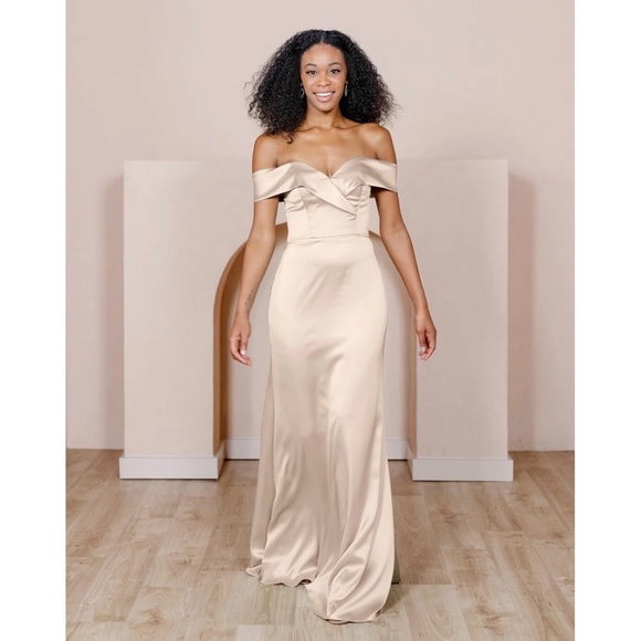 Revelry Dresses & Skirts - Revelry - Bardot Satin Dress in Champagne - Size 2